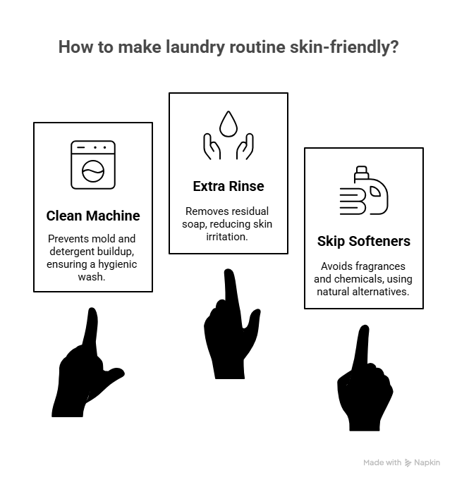 An image answering "How to make laundry routine skin-friendly?" by listing three tips: Clean Machine: Prevents mold and detergent buildup, ensuring a hygienic wash. Extra Rinse: Removes residual soap, reducing skin irritation. Skip Softeners: Avoids fragrances and chemicals, using natural alternatives.