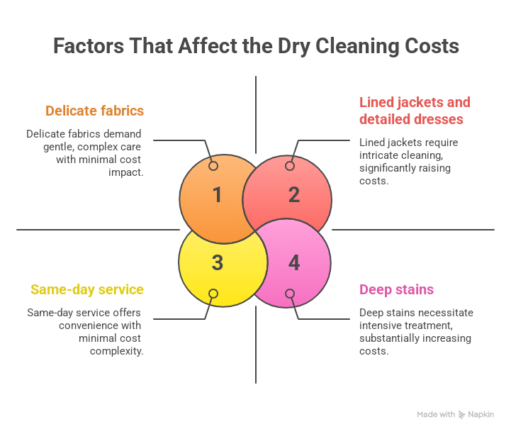 The infographic shows 4 factors that affect the dry cleaning prices.