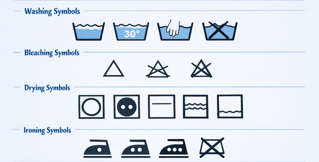 The image shows dry cleaning symbols and their meanings. It includes washing, bleaching, drying, and ironing symbols.