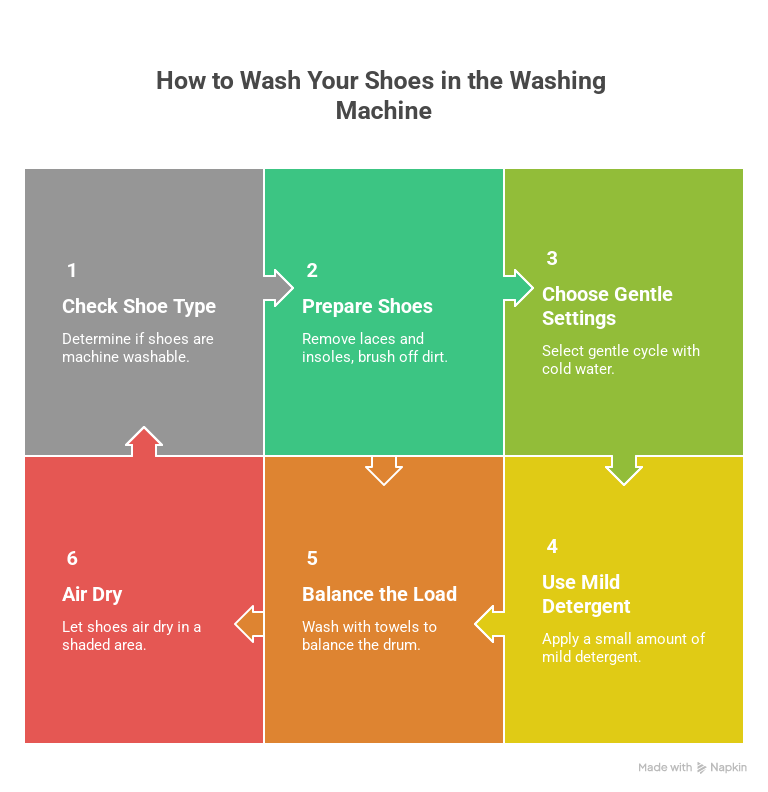 The infographic shows easy steps on how to wash shoes in a washing machine.