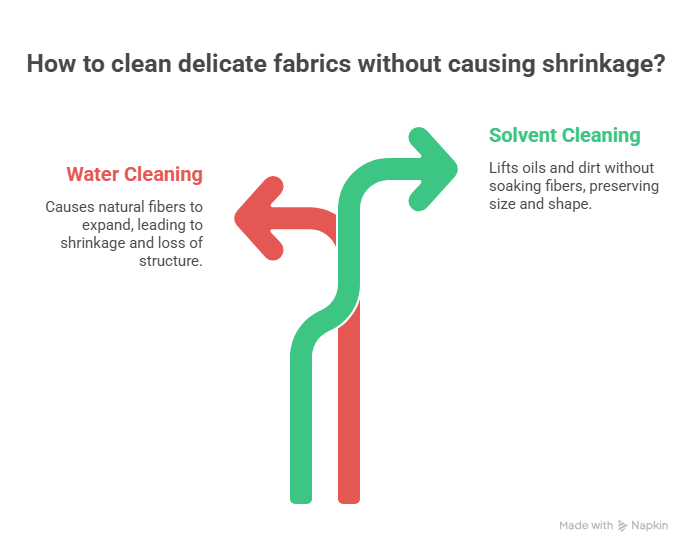 An infographic illustrating what does dry cleaning do by comparing water cleaning to solvent cleaning. It explains how solvents lift oils and dirt without soaking fibers, helping garments maintain their original size and shape.