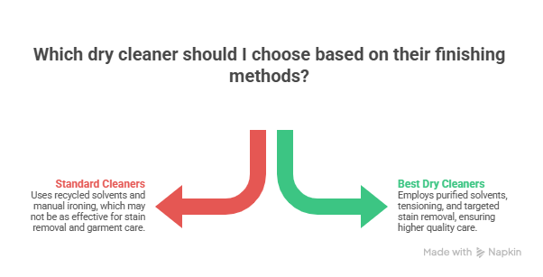 An infographic comparing standard options to the best dry cleaners near me. It notes that top-tier cleaners use purified solvents, tensioning, and targeted stain removal to ensure higher-quality garment care than standard shops using recycled solvents.