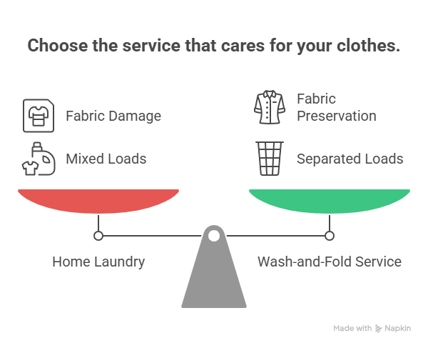 An infographic comparing home laundry to a wash and fold laundry service using a balance scale. It highlights that professional services offer fabric preservation and separated loads, whereas home washing may lead to fabric damage and mixed loads.