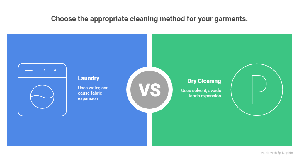 A side-by-side comparison explaining the differences between dry clean vs laundry. It notes that laundry uses water, which can cause fabric expansion, while dry cleaning uses a solvent to avoid expansion and preserve garment structure.