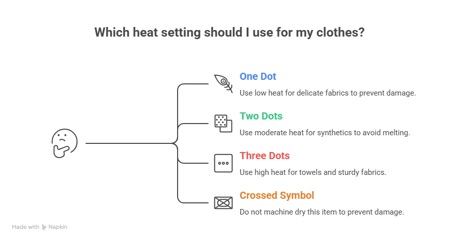 An educational graphic titled "Which heat setting should I use for my clothes?" explaining what is tumble dry symbols. It details one dot for low heat, two dots for moderate, three dots for high, and a crossed symbol for items that should not be machine-dried.