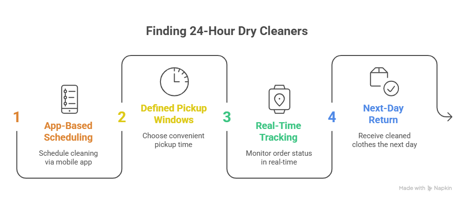 An infographic outlining a four-step process to find a 24 hour dry cleaners near me. It guides through app-based scheduling, choosing defined pickup windows, real-time tracking of orders, and receiving a next-day return of cleaned clothes.