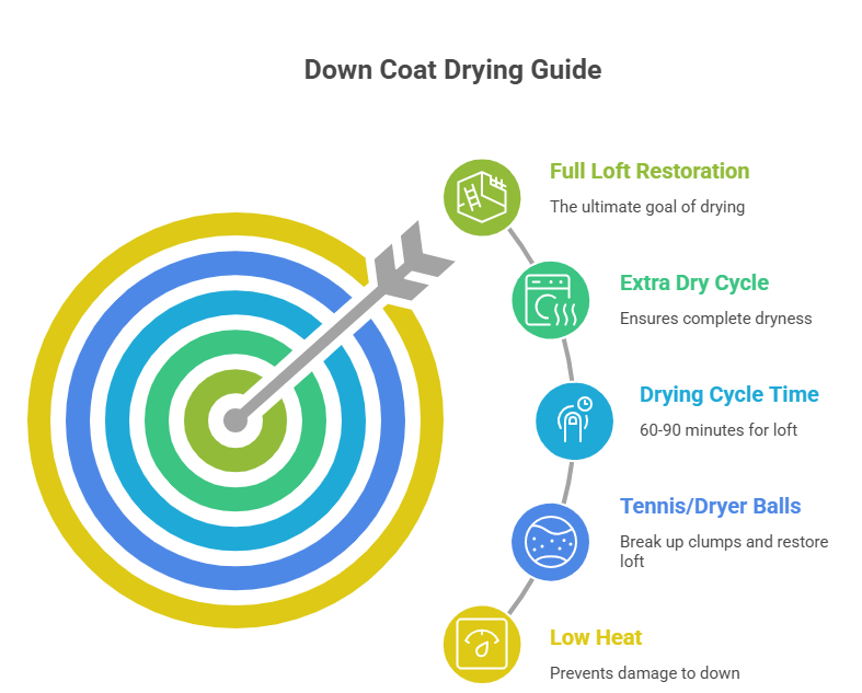 An infographic titled "Down Coat Drying Guide." It maps out five key instructions for completing the laundry process after learning how to wash a winter coat, including full loft restoration, an extra dry cycle, drying cycle time, using tennis/dryer balls, and low heat.