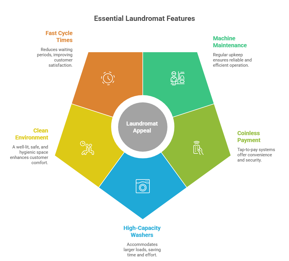 An infographic that highlights the main factors to look for in a top rated laundromat near me, including fast cycle times, machine maintenance, coinless payment, high-capacity washers, and a clean environment.